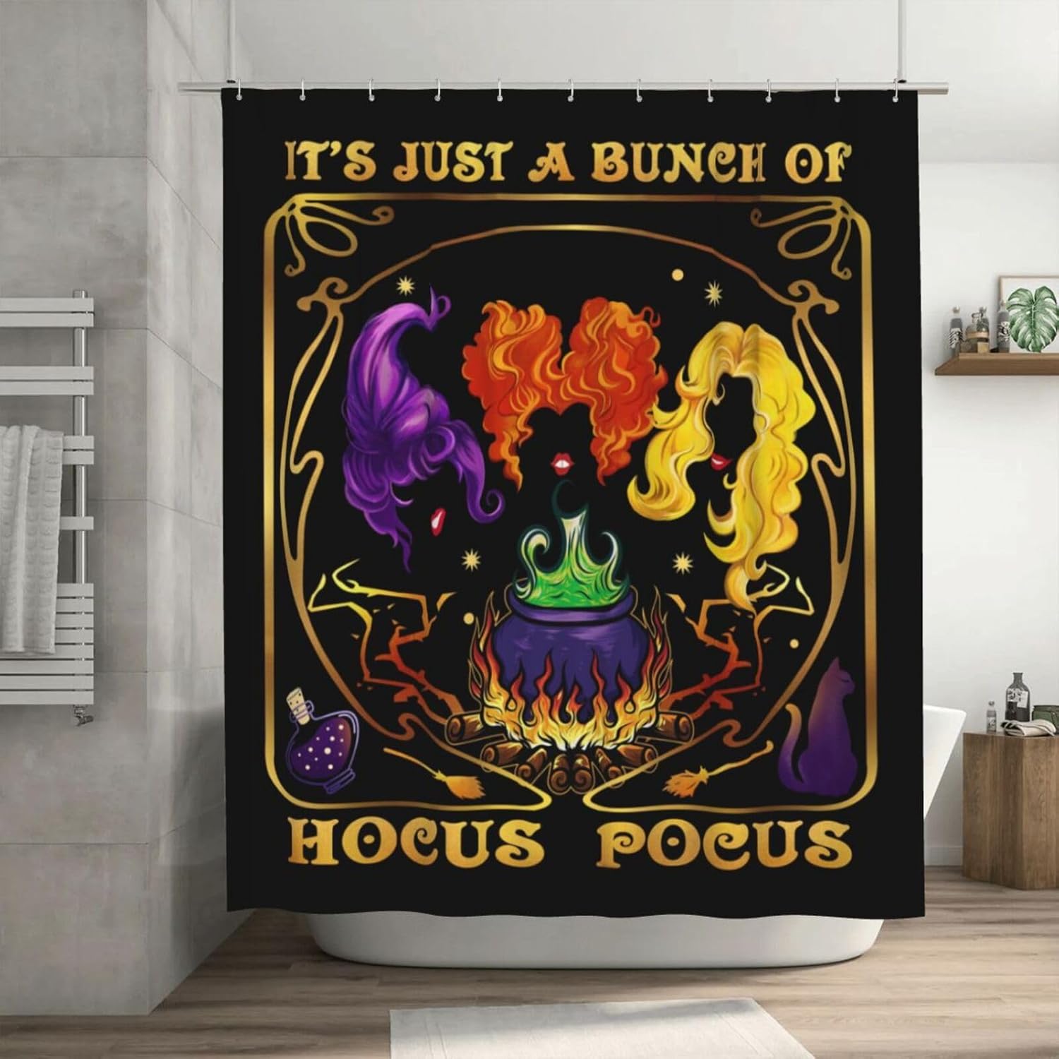 Hocus Pocus, cortina de ducha de Halloween, juego de cortina de ducha impermeable de 72 x 72 pulgadas con 12 ganchos para decoración de baño