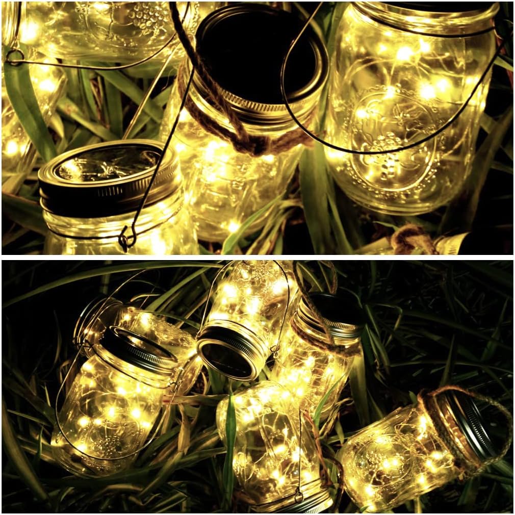 Paquete de 10 luces solares para tarros de masón, 20 luces LED con forma de hada y estrella, con 10 colgadores, resistente al agua y al óxido, para
