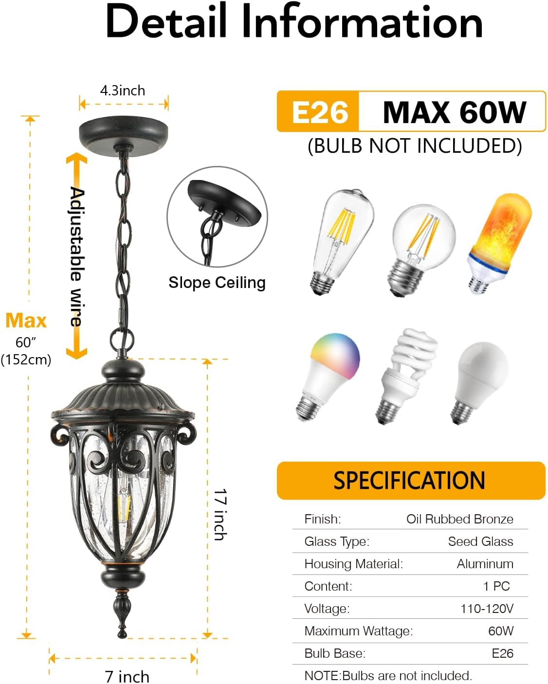 VIANIS Farol colgante para exteriores, lámpara de araña al aire libre de granja, luces colgantes vintage al aire libre con vidrio semilla, luces de