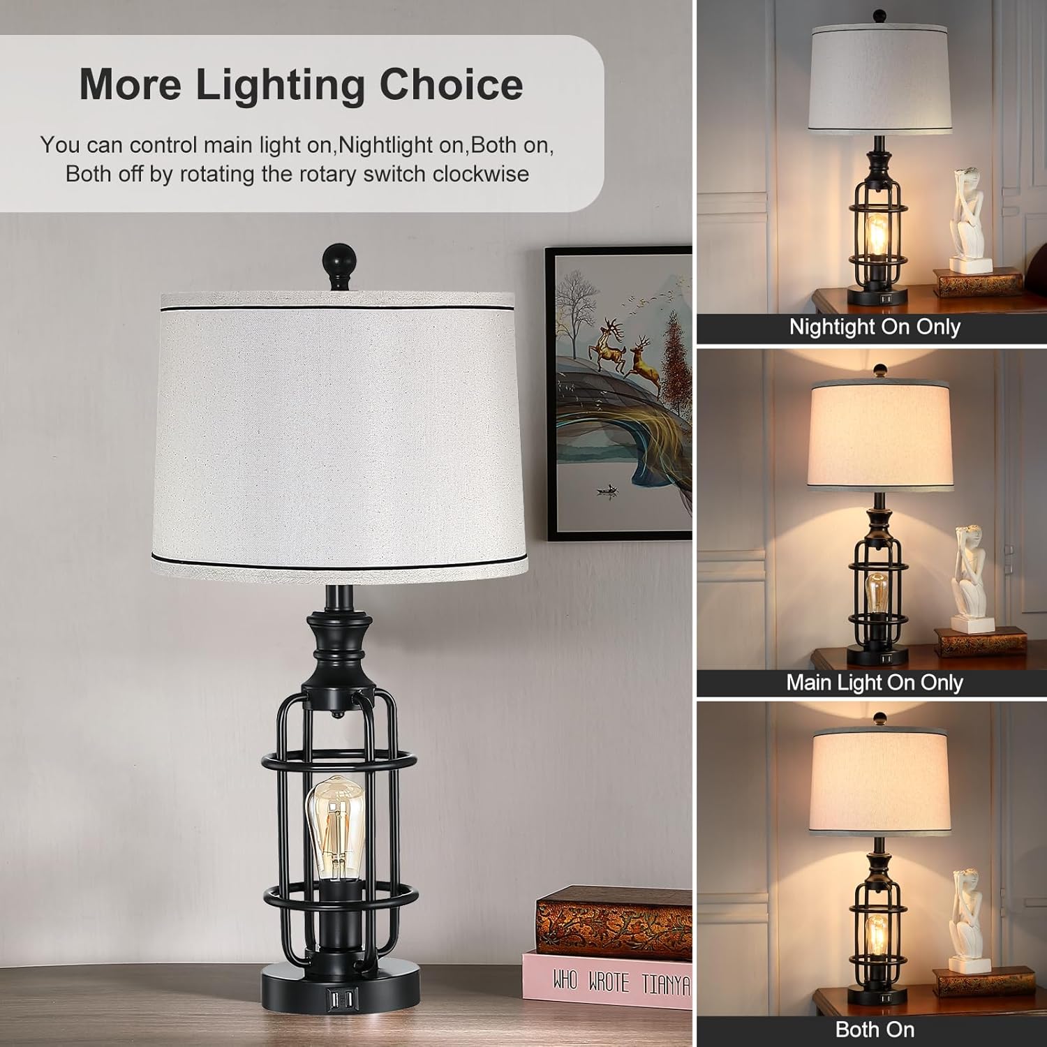 26.3Table Lamps Set of 2 with USB Charging Ports,Farmhouse Bedside Nightstand Lamp with Rotary Switch,Rustic Reading Lamps Industrial Desk Lamps for