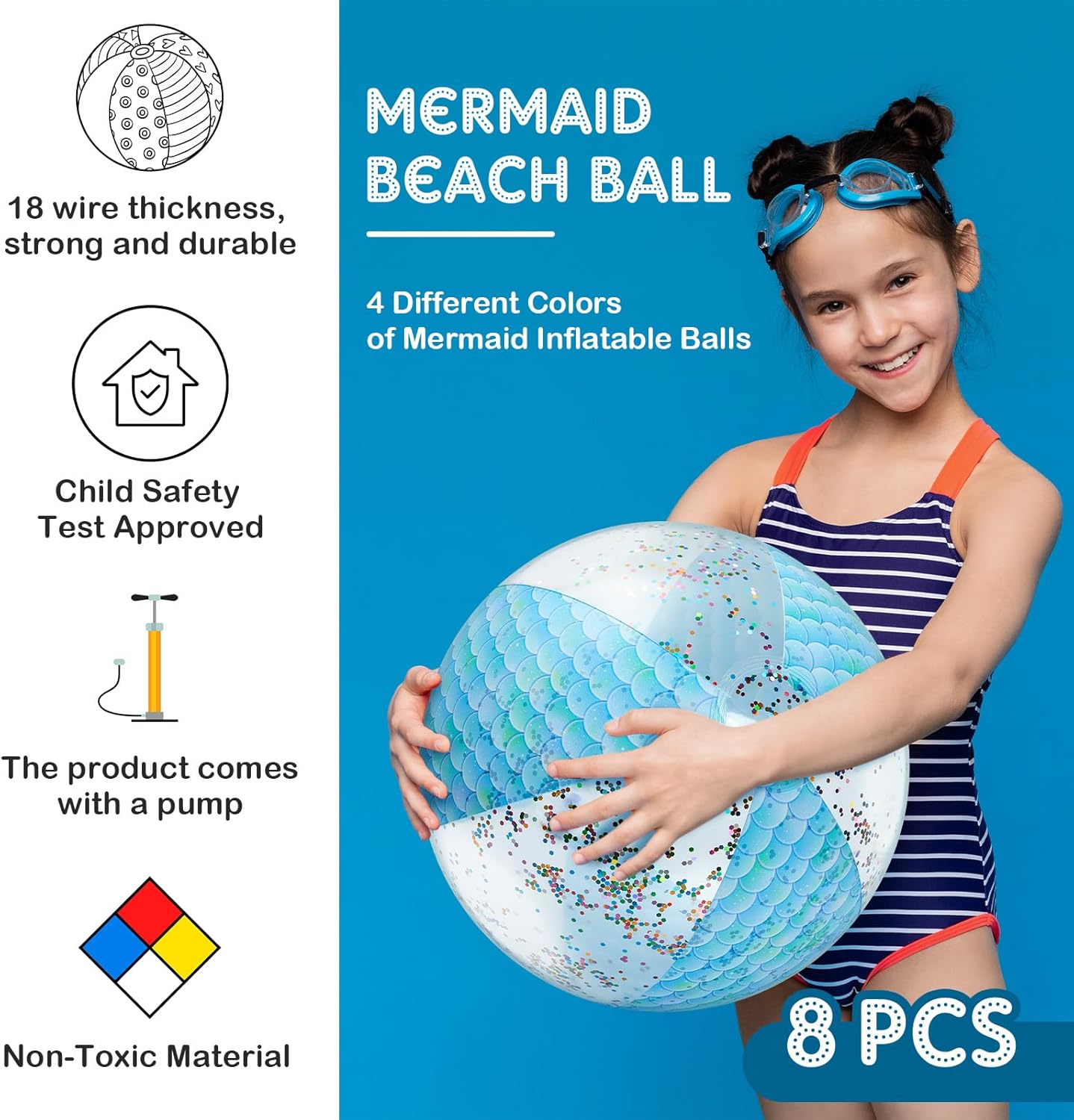 Honoson Bola de playa de sirena de 12 pulgadas, bola de playa inflable gigante con purpurina, bola de playa con purpurina, regalos de fiesta de