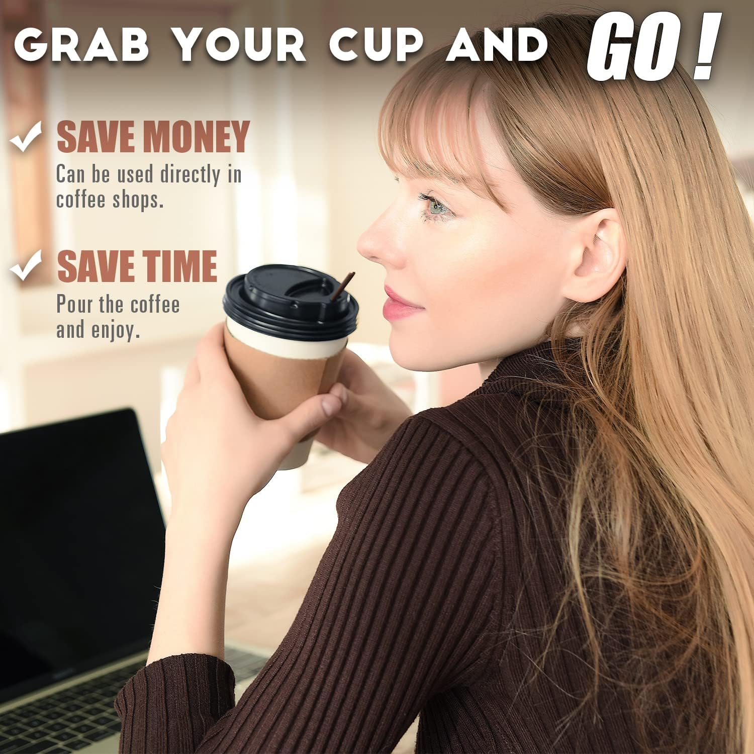 Paquete de 100 tazas de café desechables de 12 onzas para llevar con tapas, fundas y pajitas, 100% biodegradables y compostables, tazas de café de