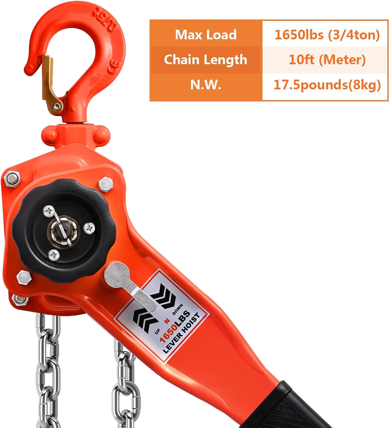 Polipasto de cadena manual de palanca de 34 toneladas viene con 1650lbs 10ft Heavy Duty Premium Hoist