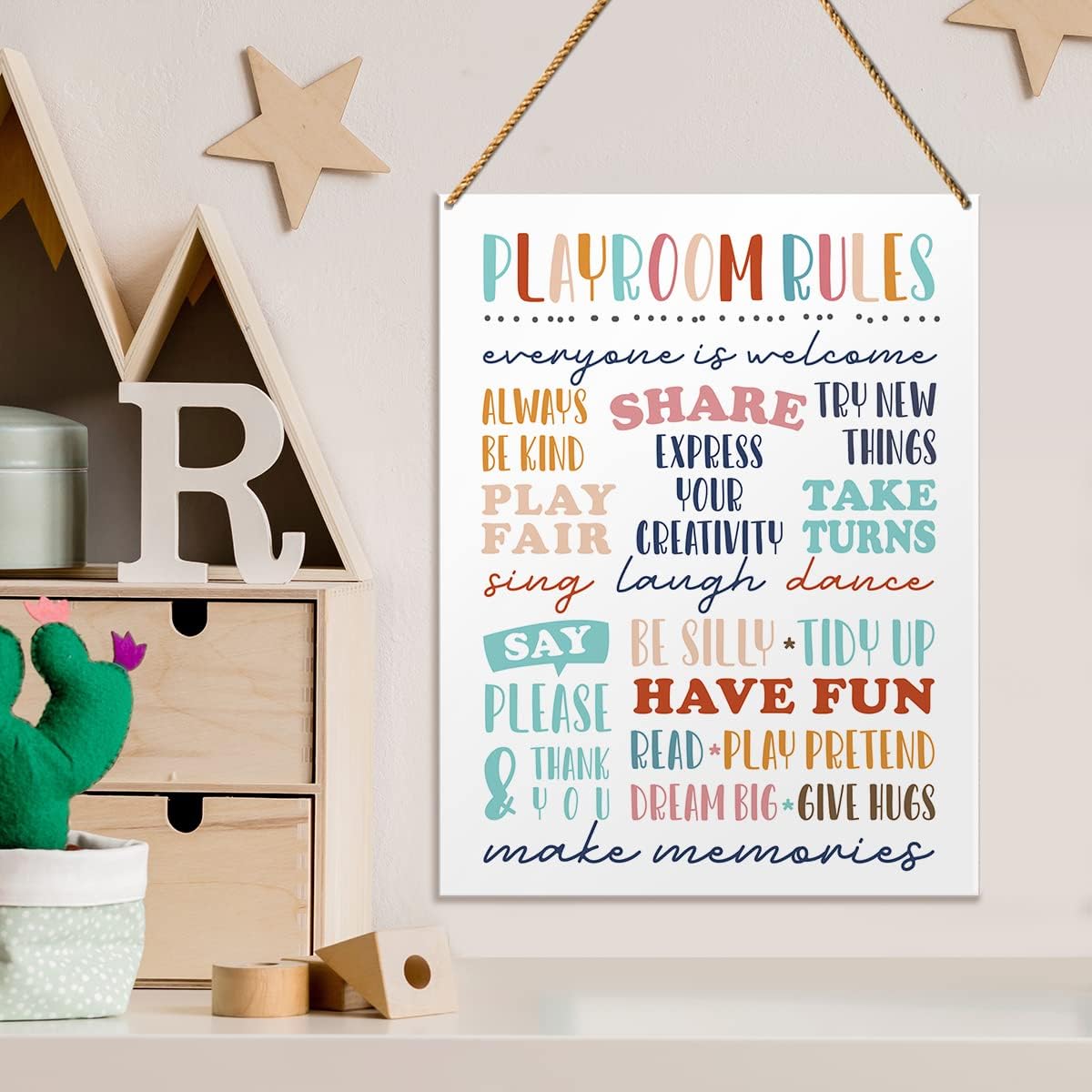 Decoración de letrero de madera para guardería, reglas de sala de juegos, habitación de niños, sala de juegos, decoración motivacional de arte de