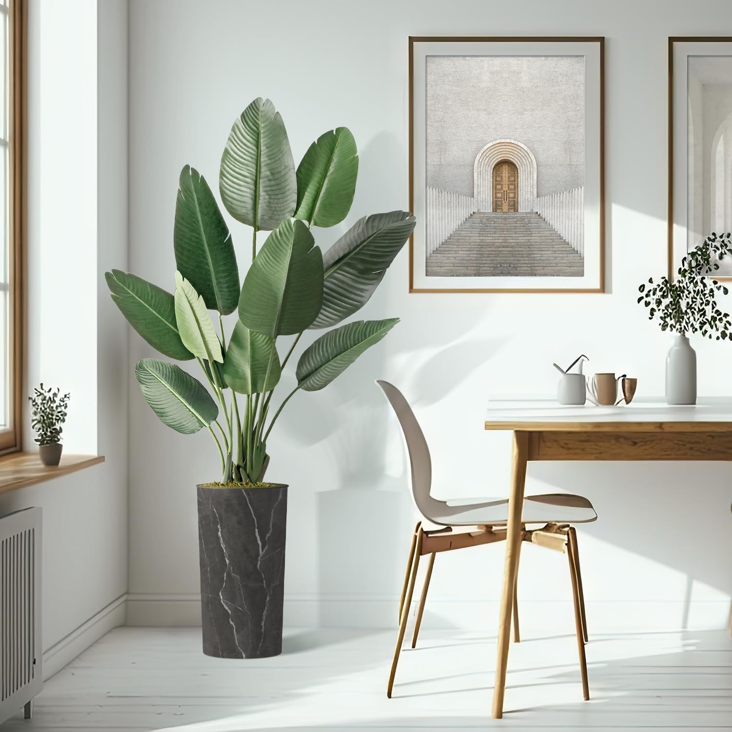 Árbol artificial en macetero con efecto de granito moderno, ave del paraíso artificial de seda para decoración del hogar en interiores y exteriores,