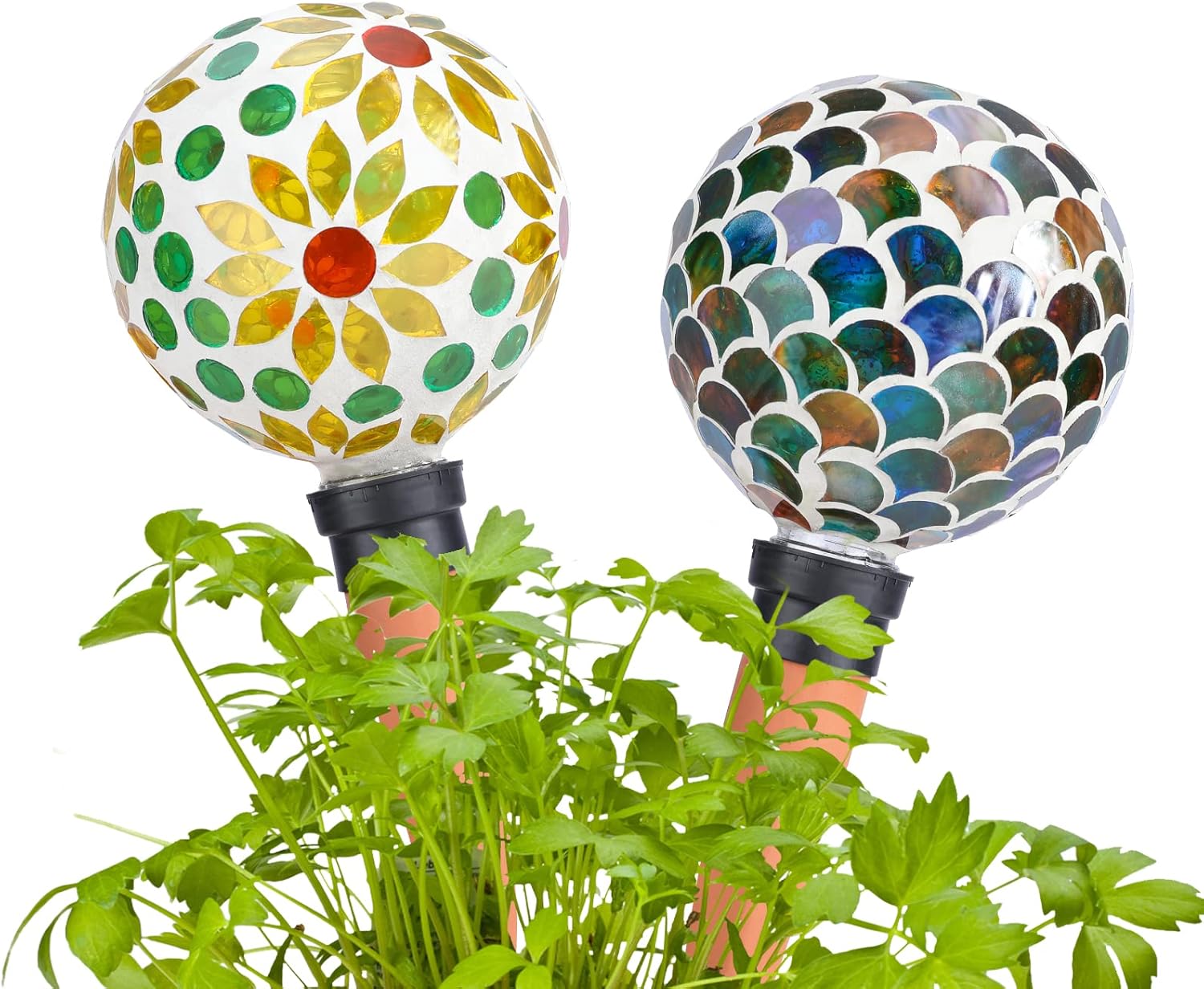 Globos de riego de plantas, picos de riego automático de mosaico, paquete de 2 para plantas de interior y exterior, dispositivos de riego automático