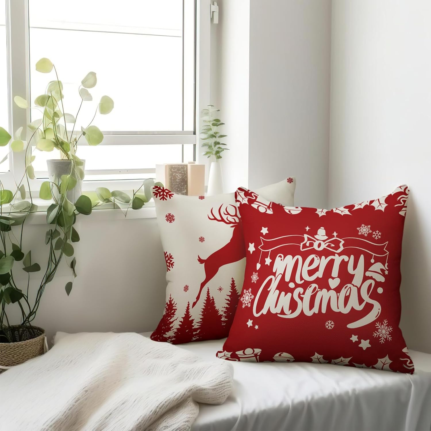 Fundas de almohada de reno de invierno de 18 x 18 pulgadas, funda de almohada de árbol de Navidad, fundas de almohada de lino para decoración de