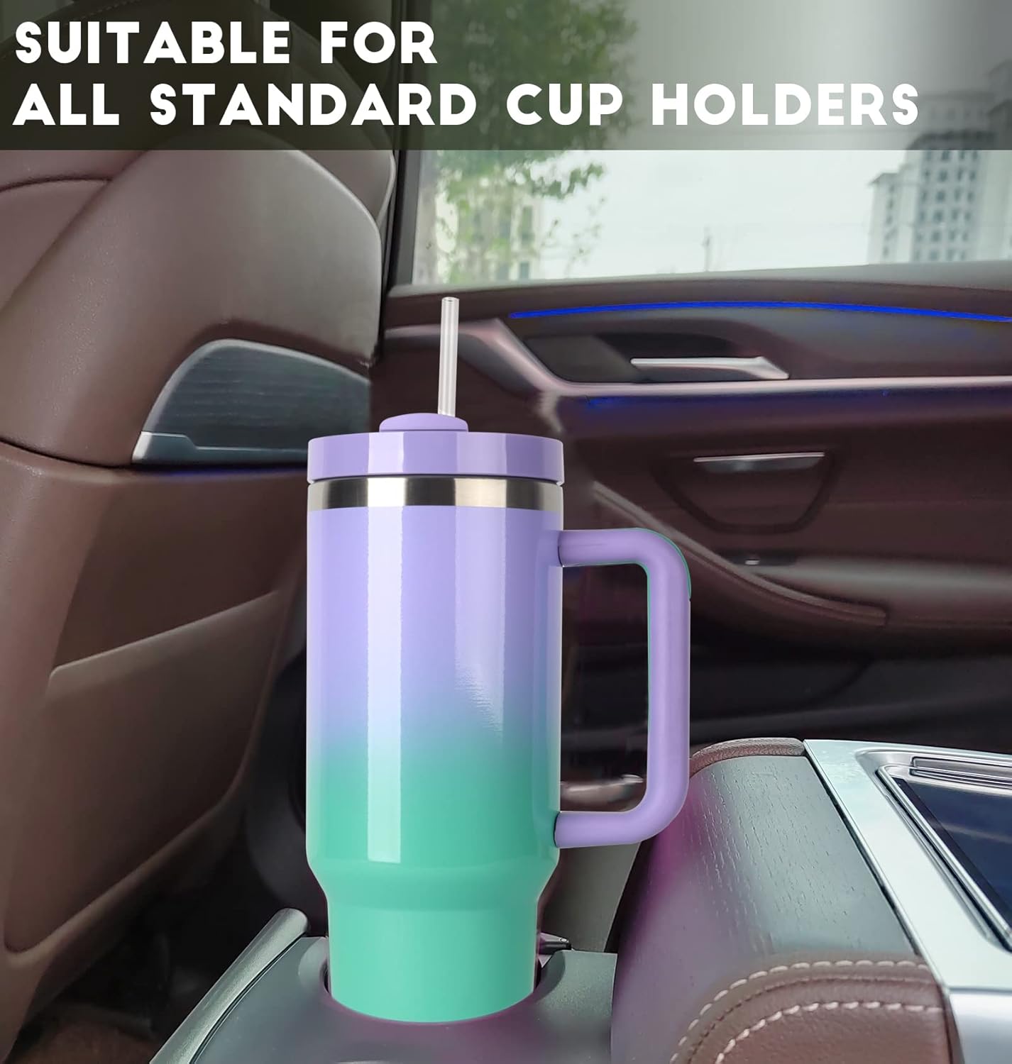 Vaso aislado al vacío 2.0 reutilizable de 40 onzas con asa, con tapa y pajillas, mantiene el calor frío y el hielo durante horas (verde maronda)