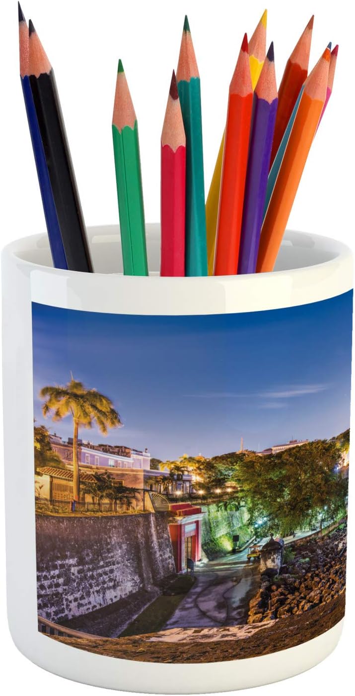 Lunarable Puerto Rico Pencil Pen Holder, Coast at Paseo de la Princesa Retro Style Architectural Elements Photography, Printed Ceramic Pencil Pen