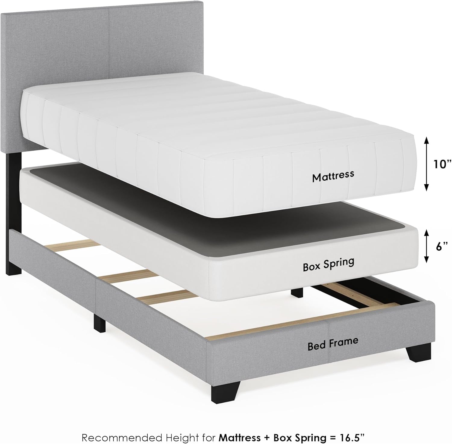 Furinno Pessac – Marco de cama tapizado de tela con soporte de listones de madera, tamaño individual, glaciar