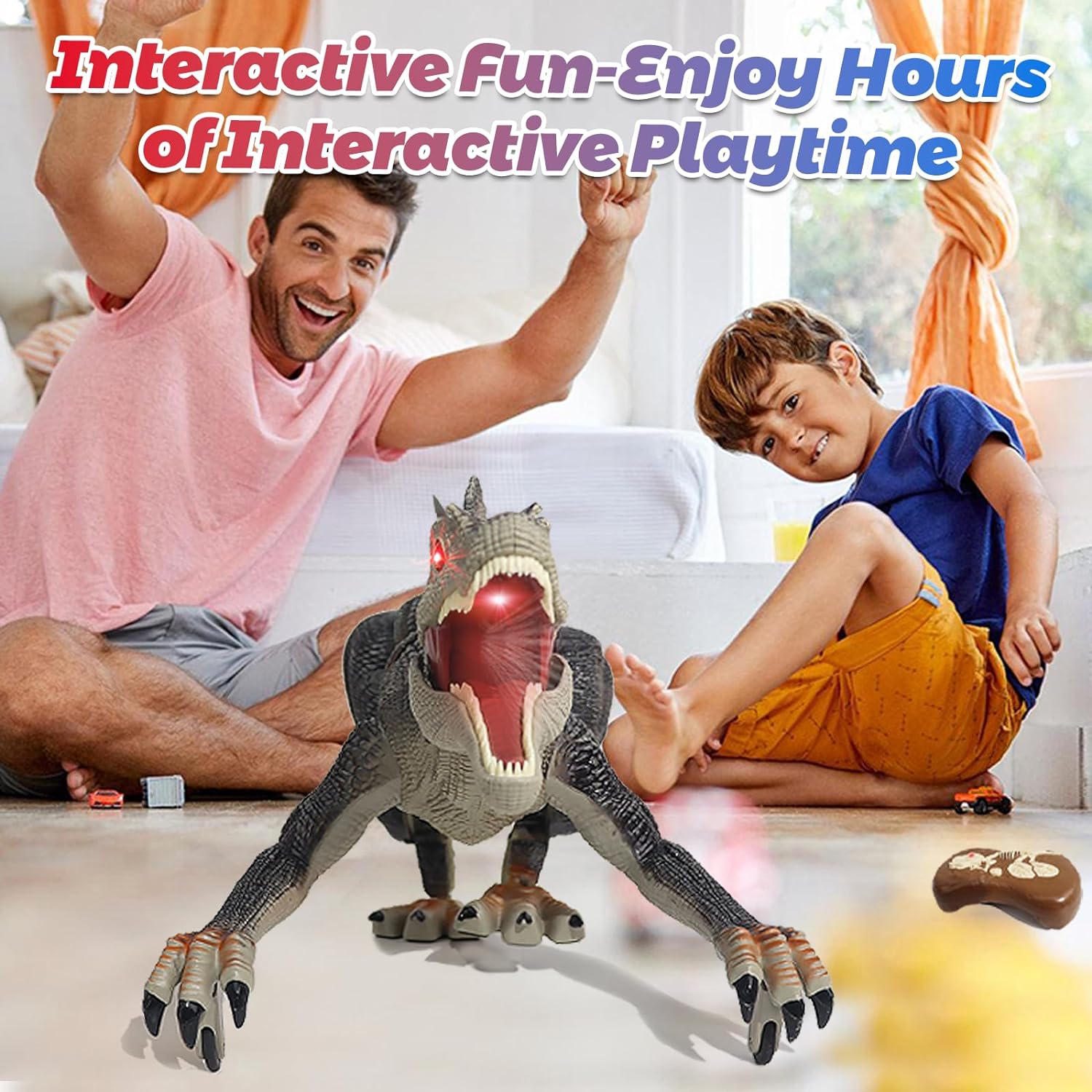 Juguete de dinosaurio a control remoto – Realista para caminar, rugir y rociar espinosaurio y T-Rex – Robot dinosaurio iluminado y sacudido de