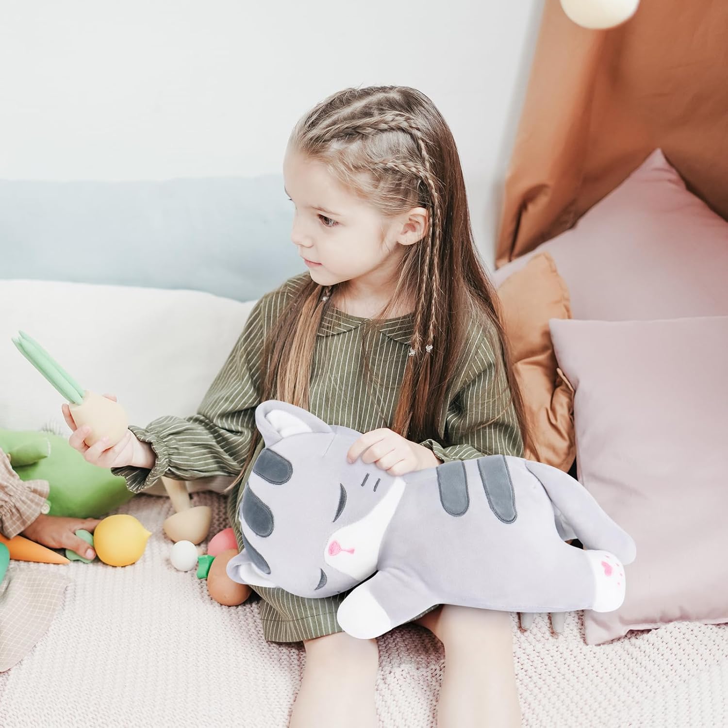 Achwishap Peluche de gato, almohada de felpa de gato, almohada suave de peluche kawaii para abrazar, lindos juguetes de peluche para niños y
