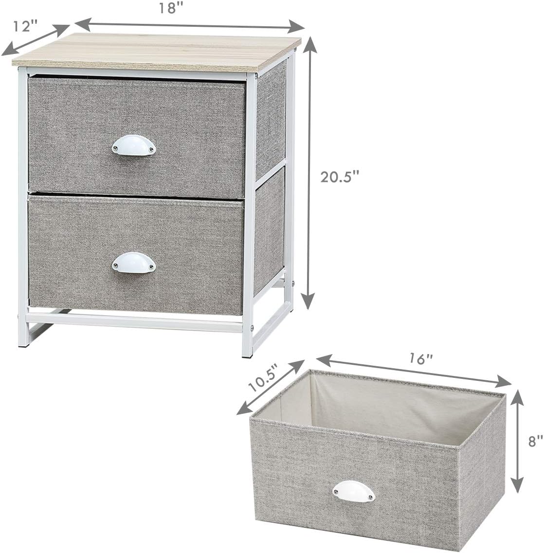 Giantex Mesita de noche con cajones de tela, marco de acero resistente y unidad organizadora superior de madera para dormitorio, sala de estar,