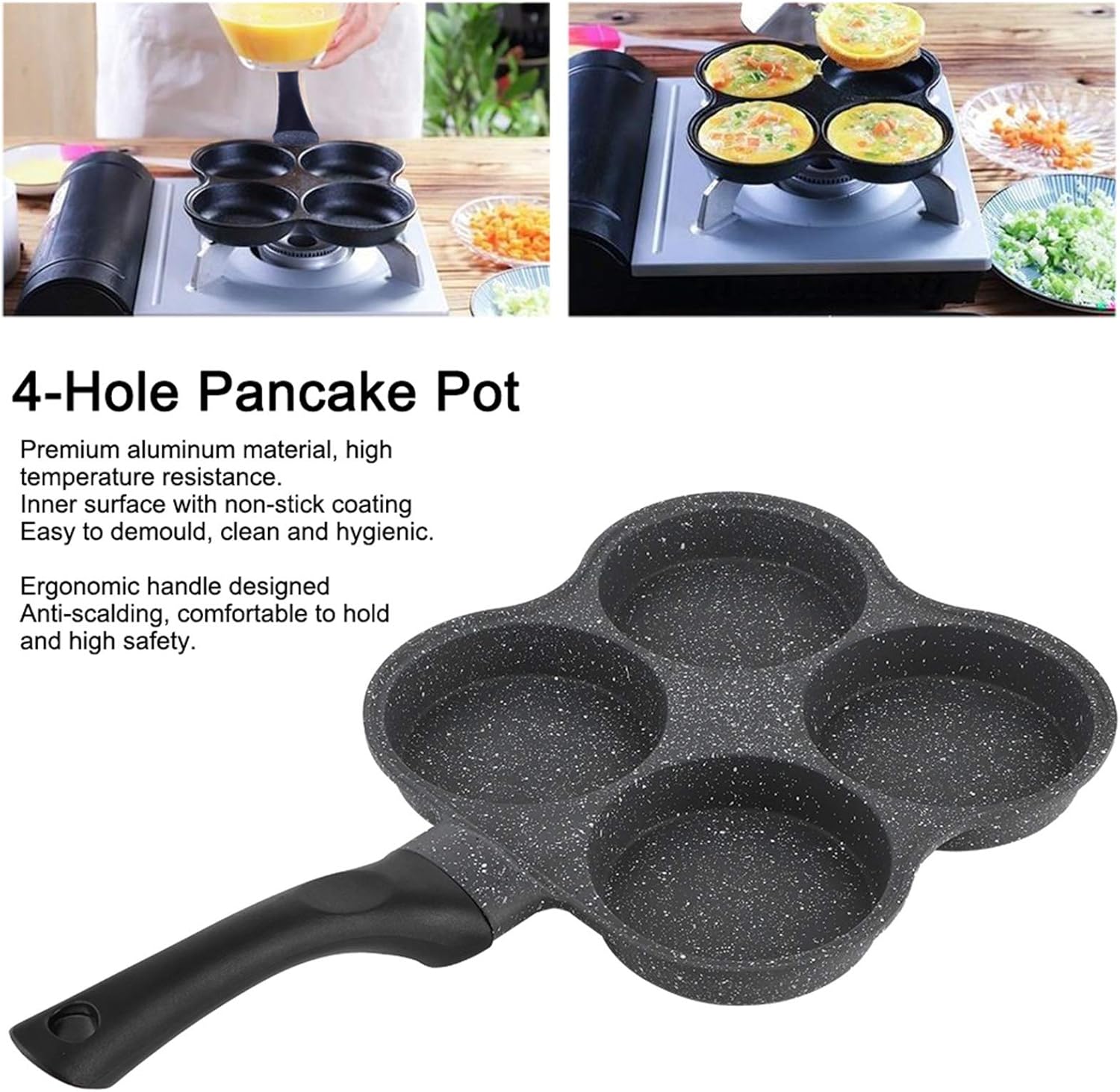 VTOSEN Sartén para 4 huevos, sartén para tortillas, antiadherente, fácil de limpiar, para desayuno, panqueques, huevos escalfados, adecuada para