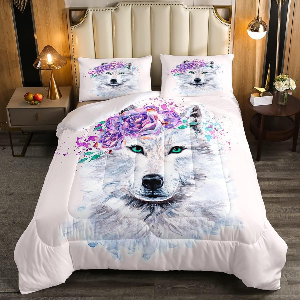Juego de ropa de cama de lobo con diseño de animales de safari con ojos verdes, juego de edredón de teñido anudado para niñas, edredón de plumas de