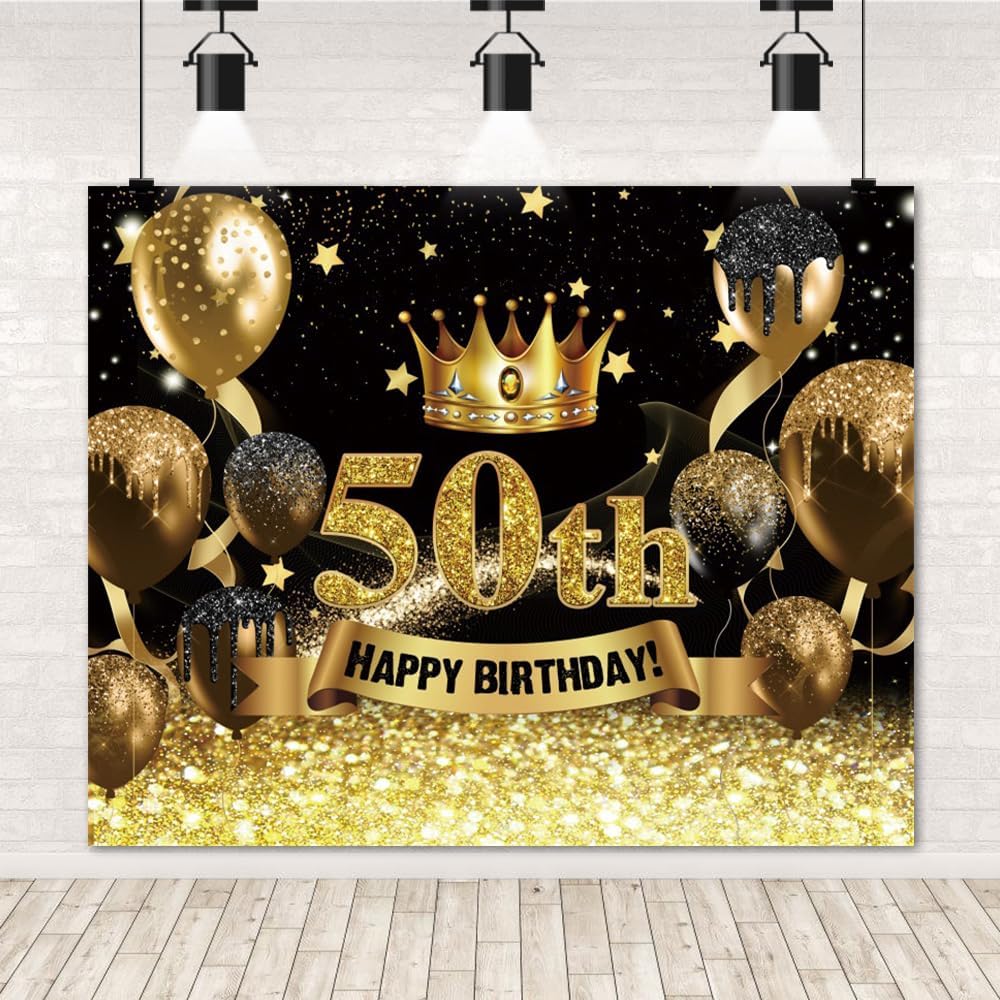 Telón de fondo para fotografía de cumpleaños número 50 para mujeres y hombres, globo con purpurina negra y dorada, telón de fondo para fotos de