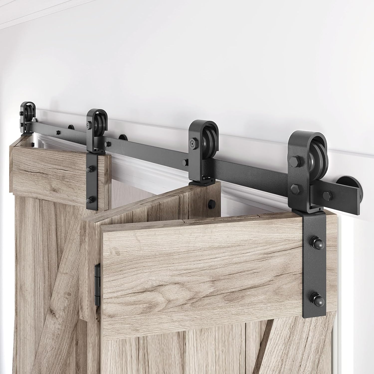 Kit de riel de herrajes para puerta corrediza de granero plegable de 52 pulgadas, rodillo negro montado lateral, suave y silencioso, fácil de