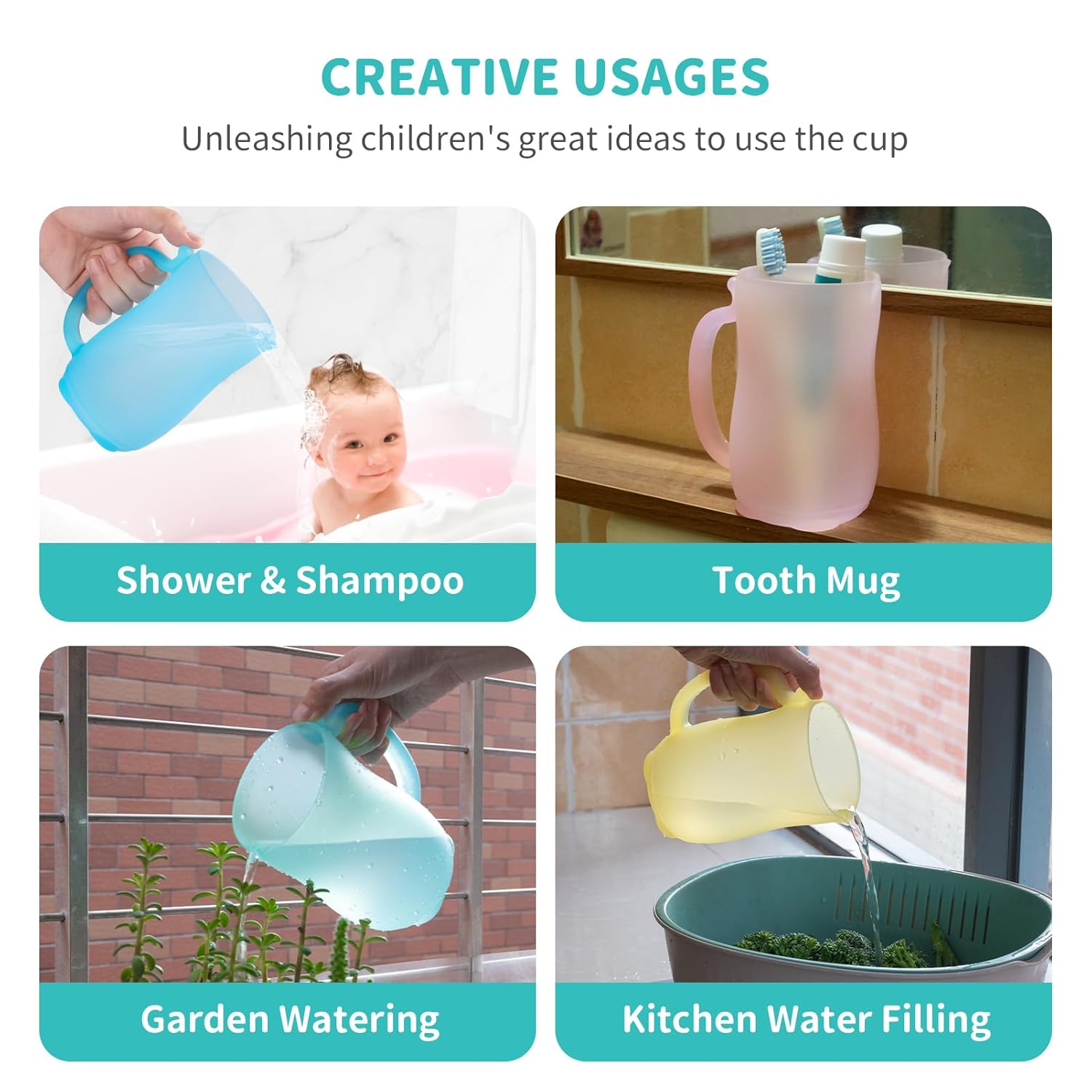 WEYOVGO Taza de enjuague de baño para bebé, champú de silicona de grado alimenticio y enjuague corporal para niños, con mango de fácil agarre para