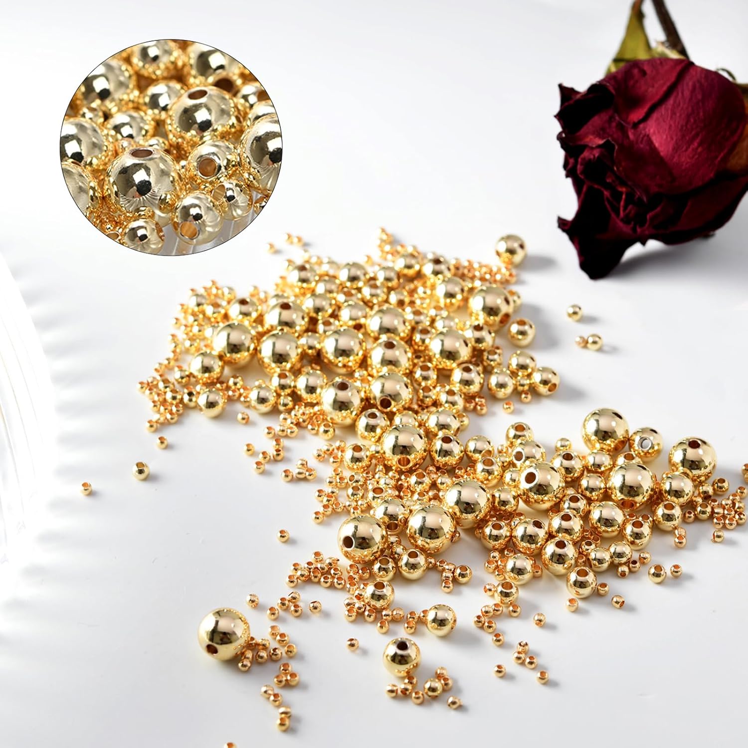 600 cuentas de oro de 14 quilates, cuentas redondas de oro sin costuras, cuentas sueltas de latón, cuentas espaciadoras duraderas que no se