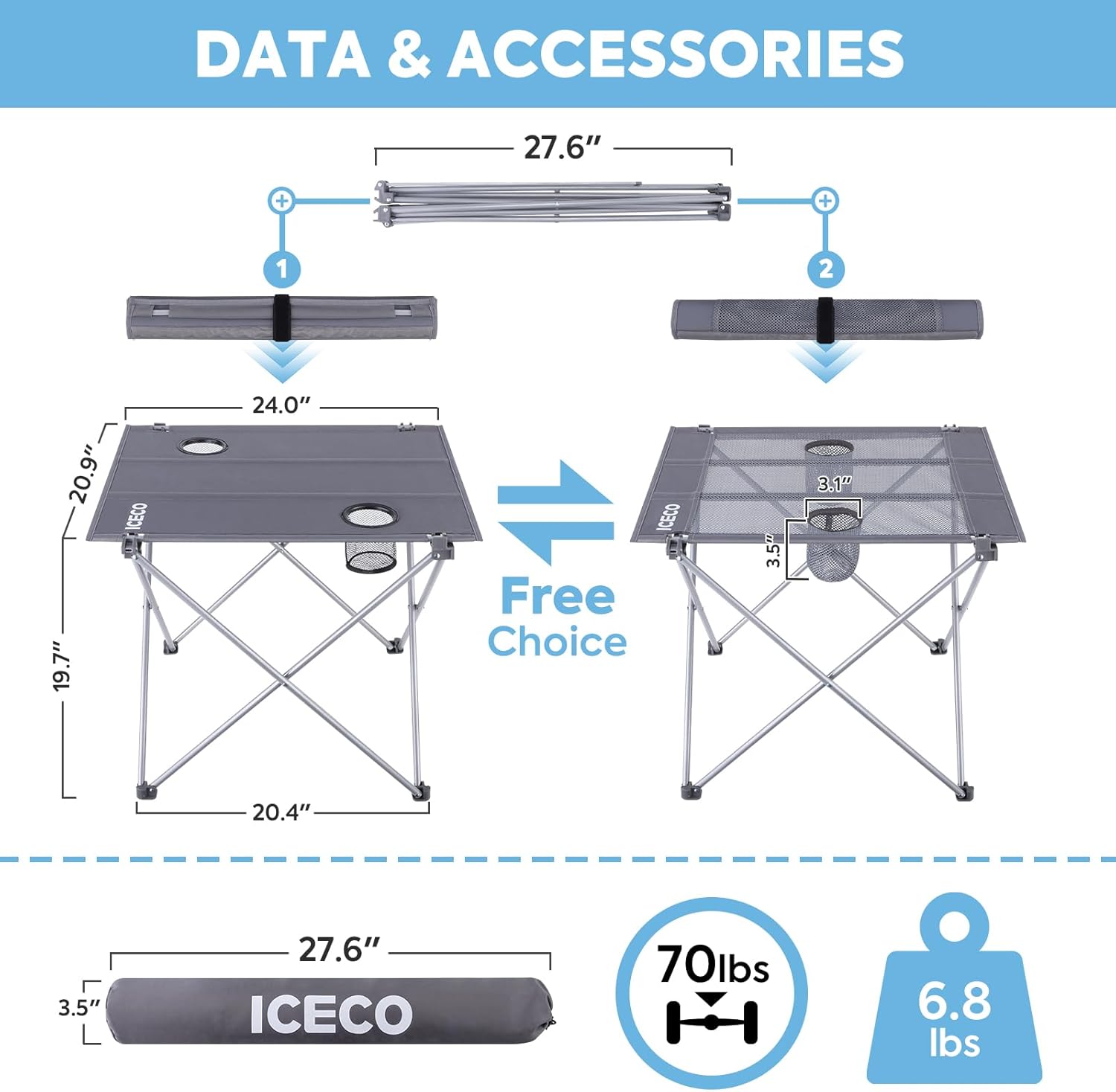 ICECO Mesa de camping portátil, mesa plegable para campamento, mesa plegable de alta resistencia, mesa de playa para arena, mesa al aire libre con 2