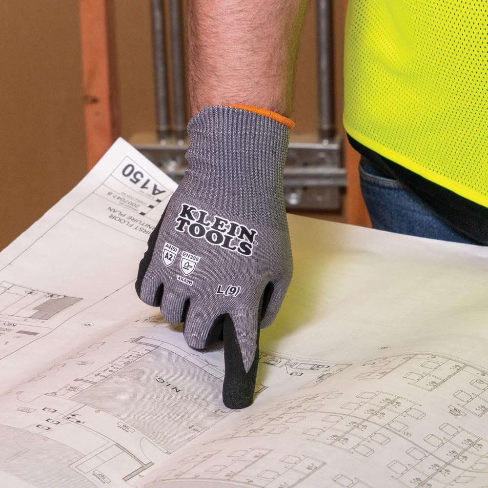 Klein Tools – Guantes de trabajo, guantes de punto resistentes a cortes ANSI A2 recubiertos de nitrilo, tela HPPE, aptos para pantalla táctil
