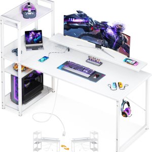 ODK Escritorio reversible para juegos de 55 pulgadas con puerto de carga USB y tomas de corriente, escritorio para computadora con estantes de ODK Escritorio reversible para juegos de 55 pulgadas con puerto de carga USB y tomas de corriente, escritorio para computadora con estantes de