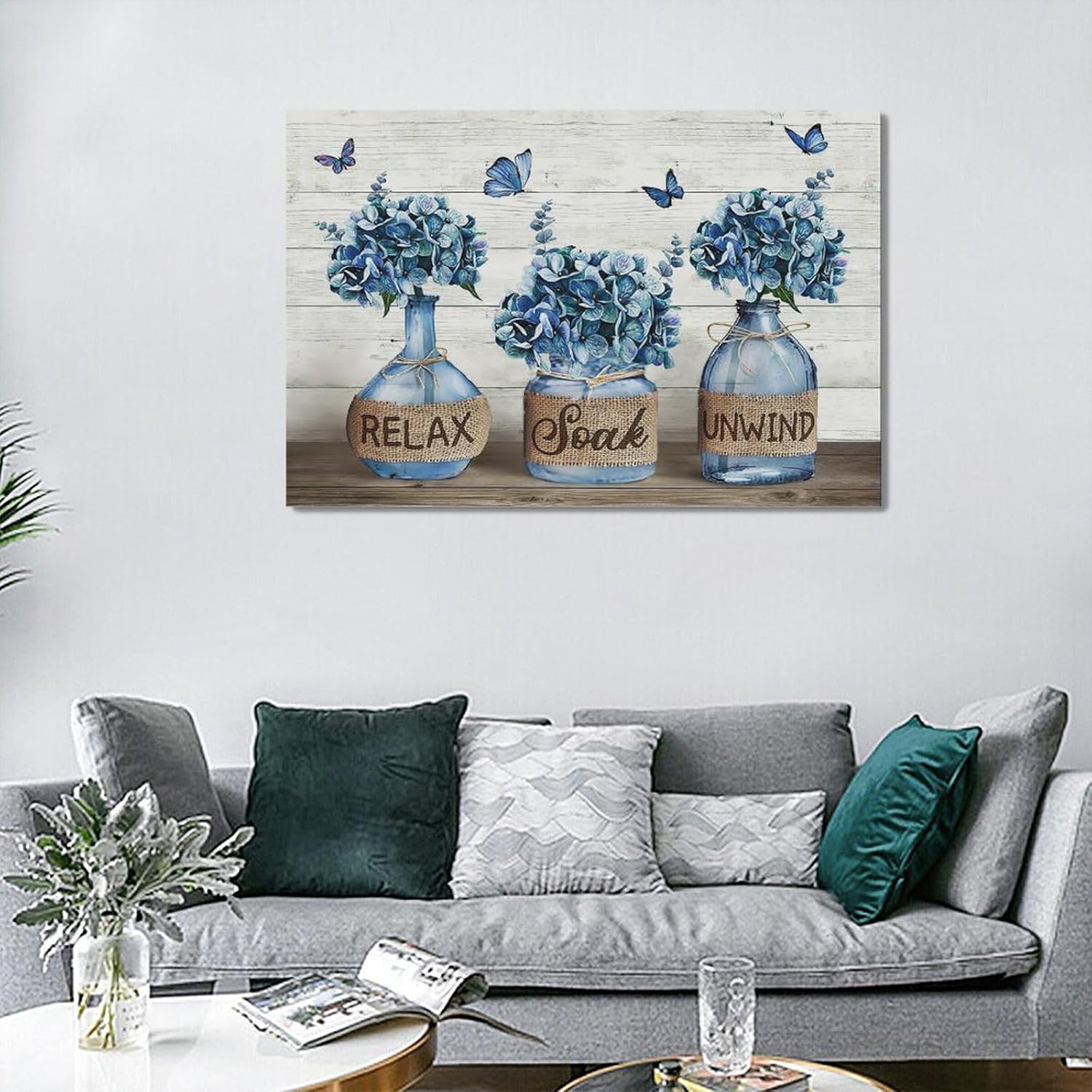 Decoración de baño de granja, arte de pared, diseño de flores de hortensias azul marino, impresiones en lienzo con texto “Country Relax Soak