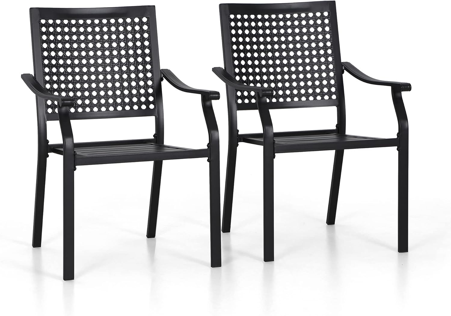 PHI VILLA Juego de 2 sillas de comedor resistentes de metal negro apilables para patio exterior, sillas de hierro forjado, juego de conversación,