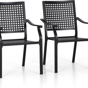 PHI VILLA Juego de 2 sillas de comedor resistentes de metal negro apilables para patio exterior, sillas de hierro forjado, juego de conversación, PHI VILLA Juego de 2 sillas de comedor resistentes de metal negro apilables para patio exterior, sillas de hierro forjado, juego de conversación,