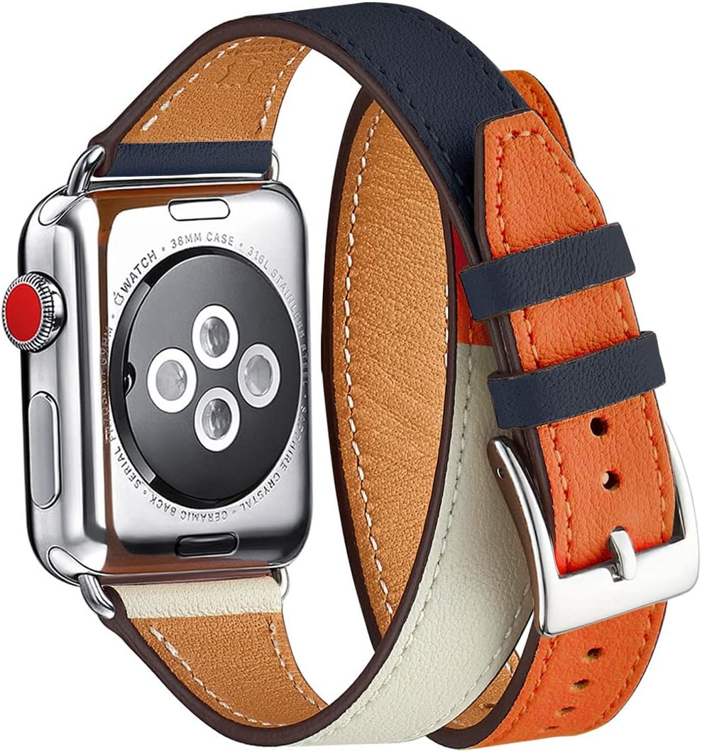 Bestig Correa compatible con Apple Watch Band de 1.496 pulgadas, 1.575 pulgadas, 1.614 pulgadas, correa delgada de cuero genuino, diseño doble giro,