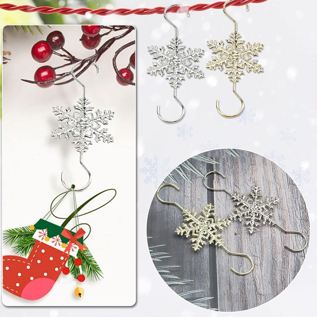 Ganchos de adorno para colgar decoraciones de Navidad, 20 ganchos dorados en forma de S de copo de nieve para colgar árbol de Navidad, ganchos de