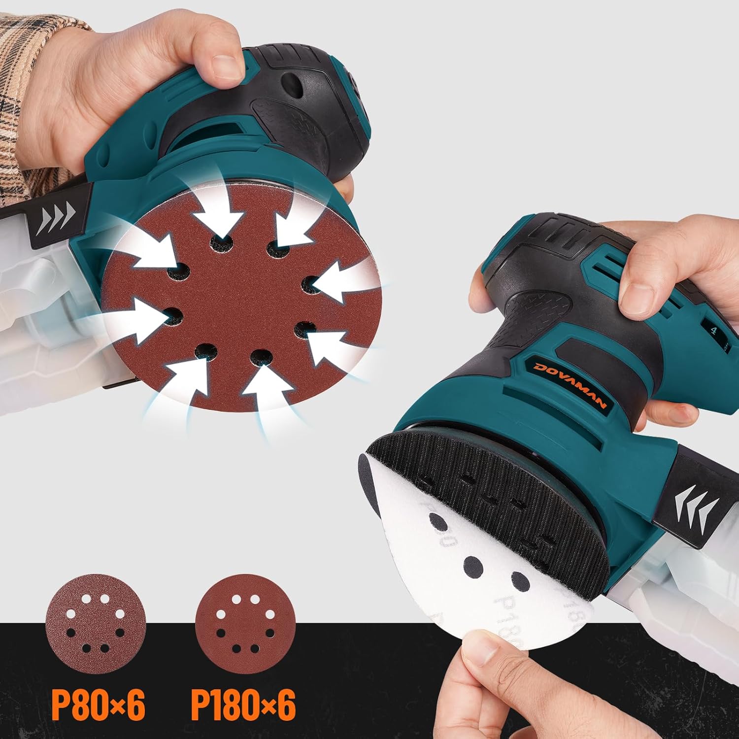 ROS01A Lijadora orbital, lijadora orbital aleatoria 3A, 6 velocidades variables, hasta 13000 rpm, 12 papeles de lija, almohadilla de lijado de 5