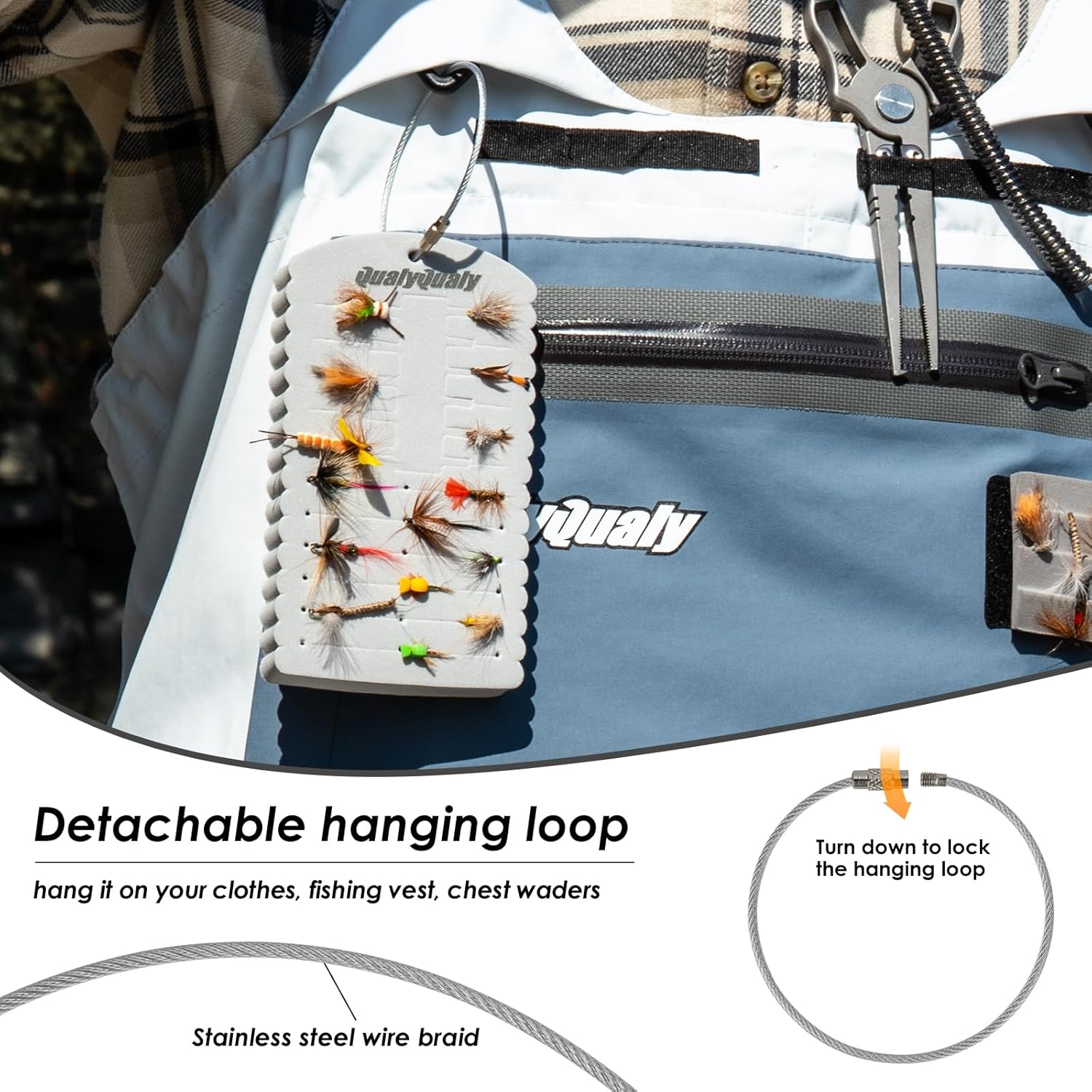 QualyQualy Parche para moscas, paquete de 2 goteros, tarjeta de espuma ligera, accesorios de pesca con mosca para moscas y serpentinas