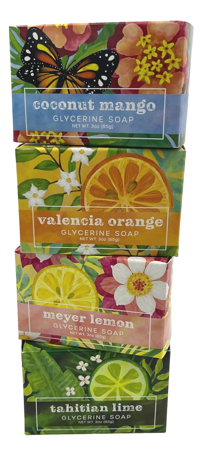 Greenwich Bay Trading Co., Fresh Fruit Collection, juego de 4 jabones de glicerina, 3 onzas cada uno mango de coco, limón Meyer, lima tahitiana y