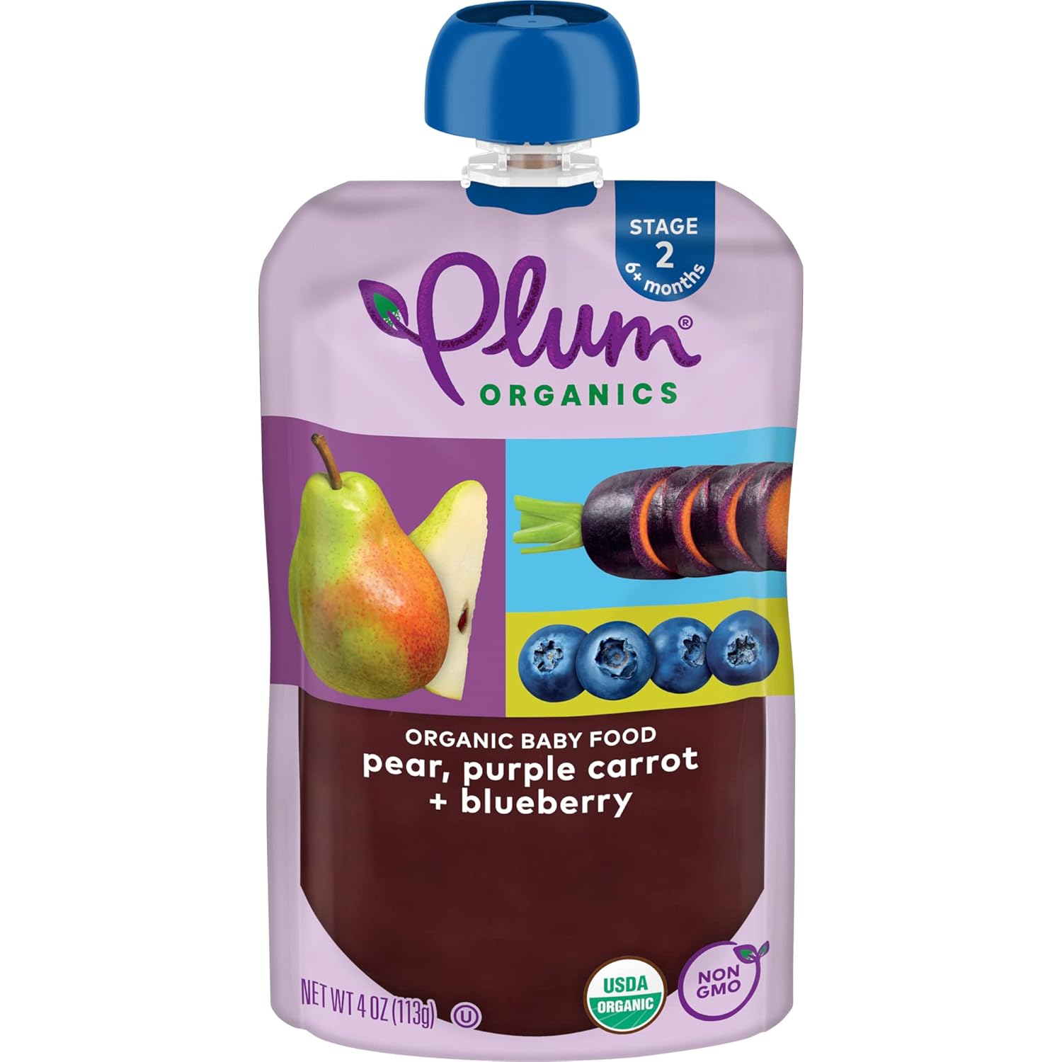 Plum Organics Alimento orgánico para bebés etapa 2 – pera, zanahoria morada y arándanos – Bolsa de 4 onzas – Bolsa orgánica de alimentos para bebés