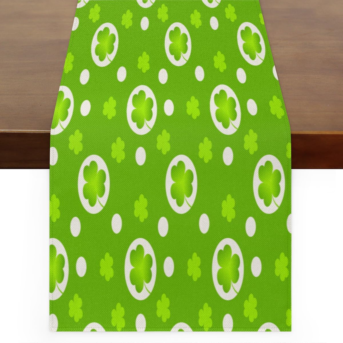 Table Runner St. Patrick’s Day Clover Pettern, Rustic Linen Table Cloth, Kitchen Dining Table Decoration for Home Party Decor 13 x 48 Inches