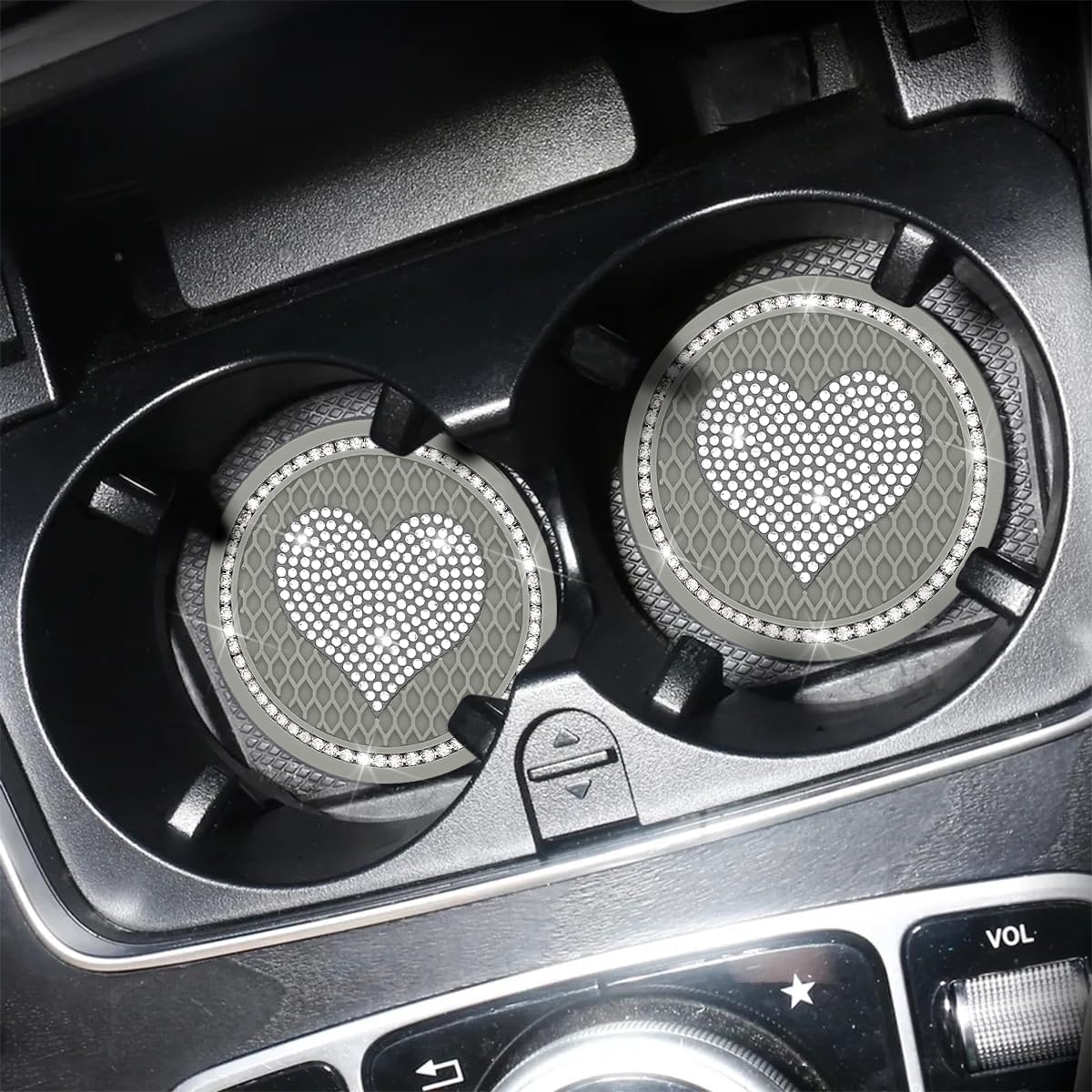 AICEL Posavasos para automóvil con diseño de corazón, 2 unidades, universales, de 2.75 pulgadas, con diamantes de imitación brillantes, tapete