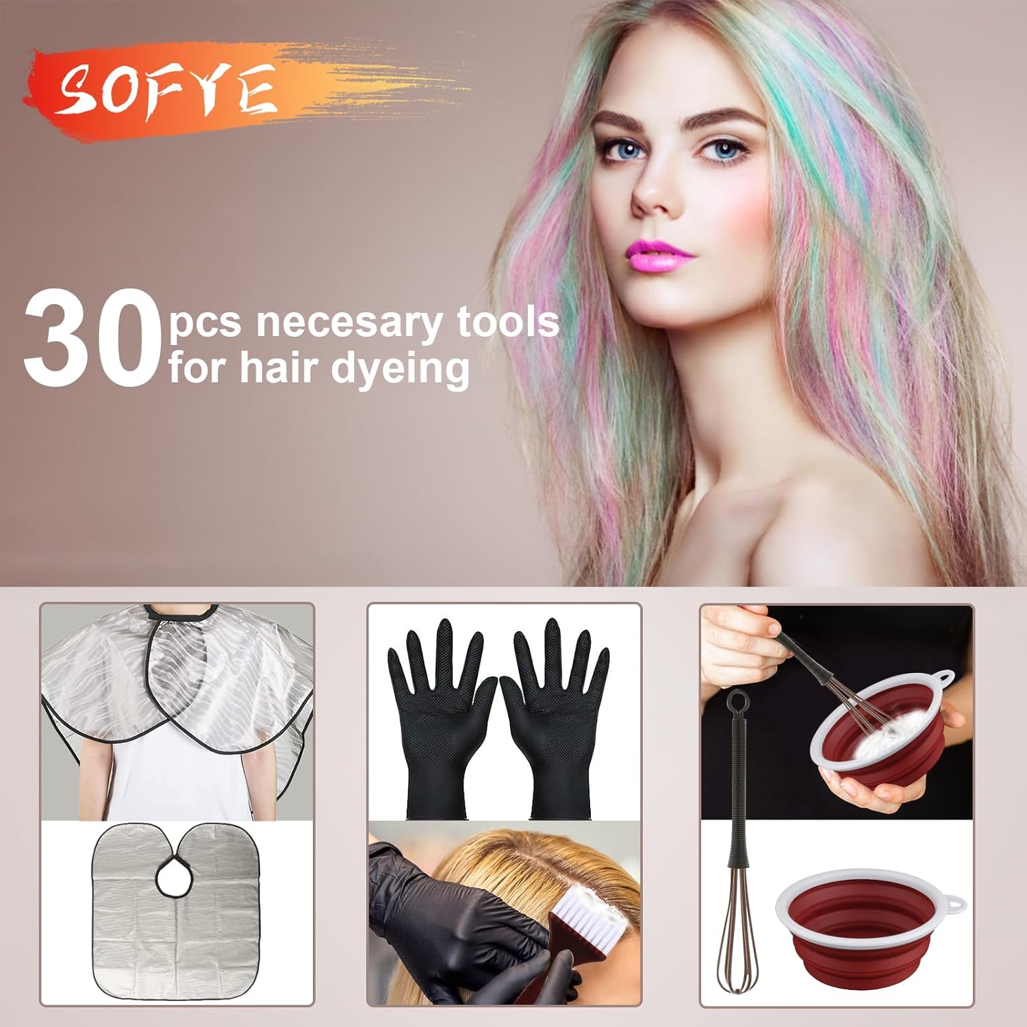 Kit de tinte para el cabello, kit de 30 piezas de coloración para el cabello, cepillo para teñir el cabello y cuenco con cuenco de tintar, cubierta