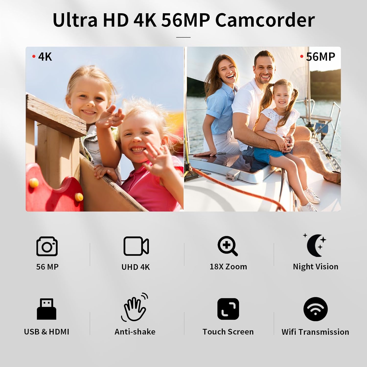 Kit de videocámara de cámara de video 4K, zoom digital de 56 MP 18X de 3.0 pulgadas, pantalla táctil IPS de 3.0 pulgadas, videocámara digital de