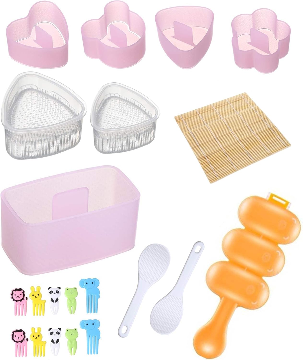 Juego de 12 moldes de onigiri, kit de fabricación de sushi, molde de bolas de arroz, tapete rodante de sushi, molde de arroz, tenedor de frutas,