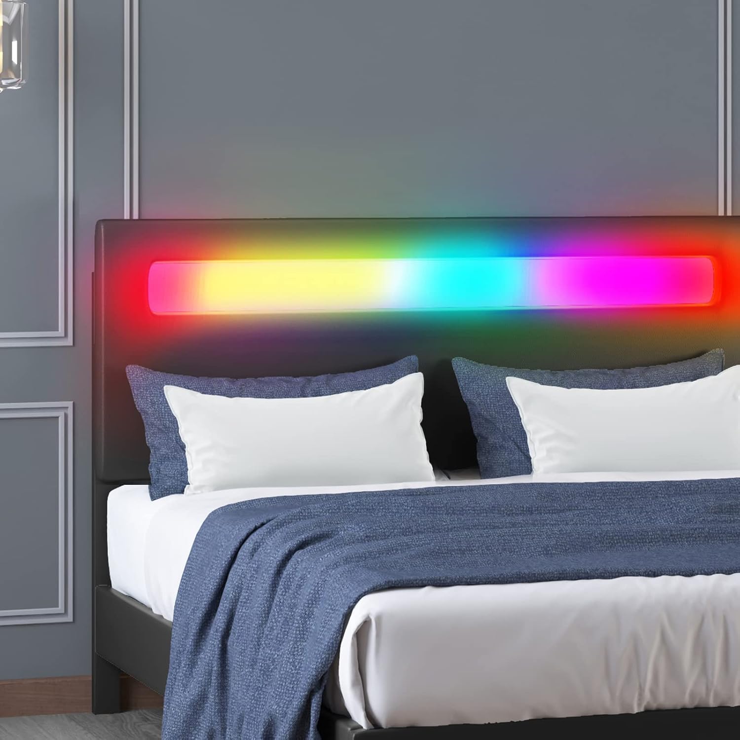 Mjkone Platform Bed Frame with Smart RGB LED Light Strip, Queen Size Bed Frame with Adjustable Headboard, Compatible with Alexa & App, No Mattress