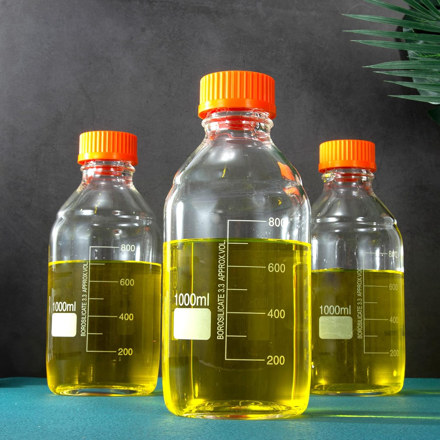 Botellas redondas de almacenamiento de medios de 33.8 fl oz con tapa de rosca GL45, vidrio de borosilicato, temperatura máxima 249.8 F, paquete de 3
