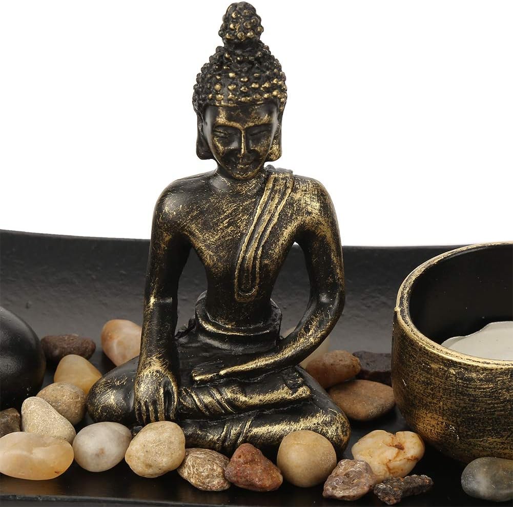 Juego de velas de Buda con Buda de resina, soporte de candelita de cristal, barra de incienso y soporte, piedras decorativas para decoración del