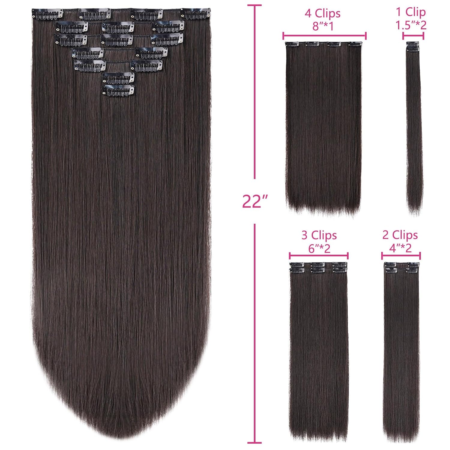 SYXLCYGG Extensiones de cabello castaño, extensiones de cabello castaño oscuro de 22 pulgadas con pinzas, lacio, esponjoso y sin enredos, piezas de