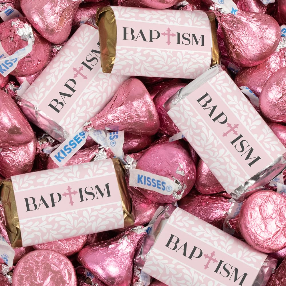 131 piezas de caramelos de bautismo para niñas, recuerdos de fiesta en miniatura, chocolate y besos (1.65 libras, aproximadamente 131 piezas) – Rosa