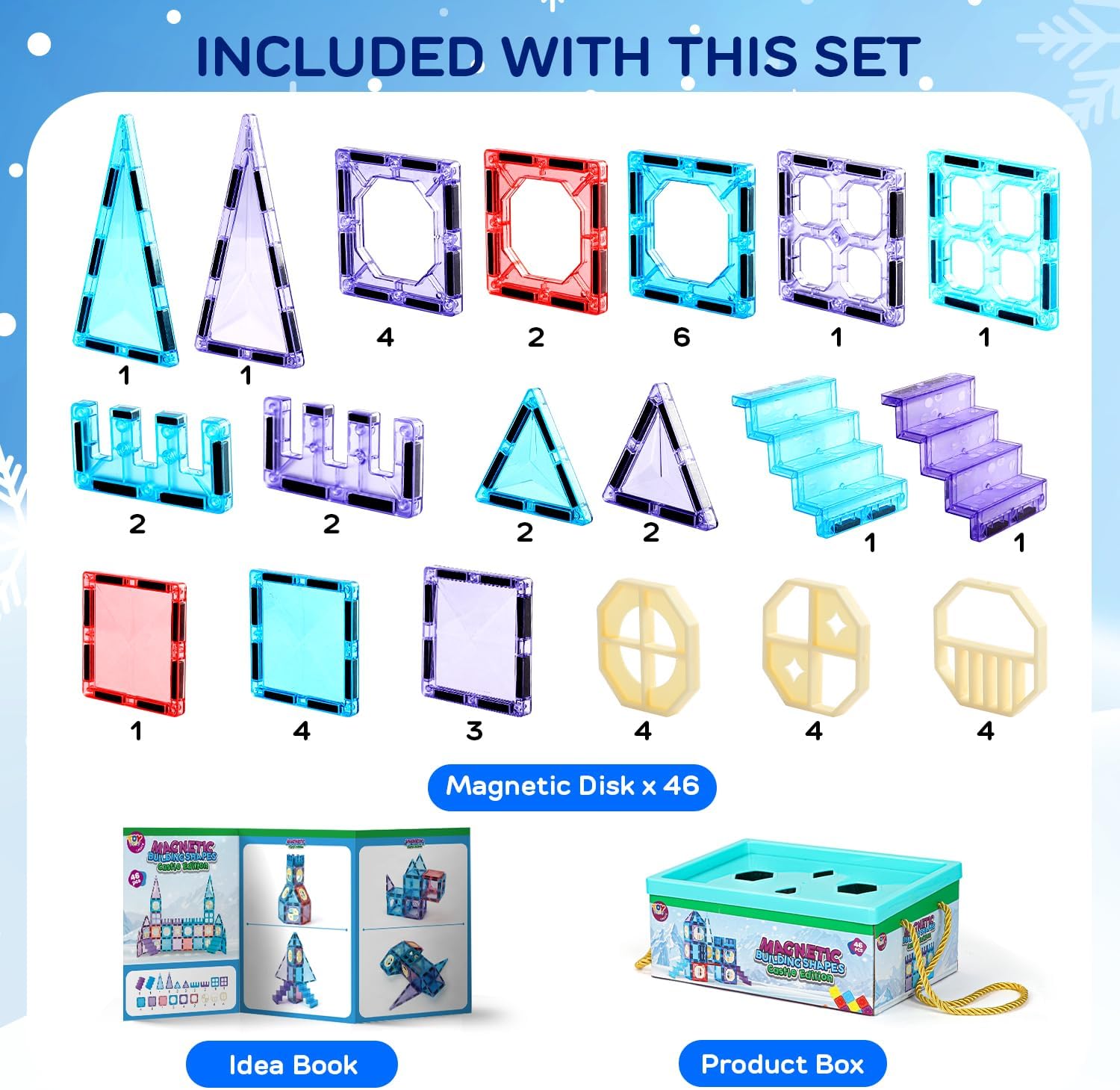 TOY Life Azulejos magnéticos para niños de 3 a 5 años, 46 piezas de bloques magnéticos para niños de 3 a 5 años, juguetes de construcción