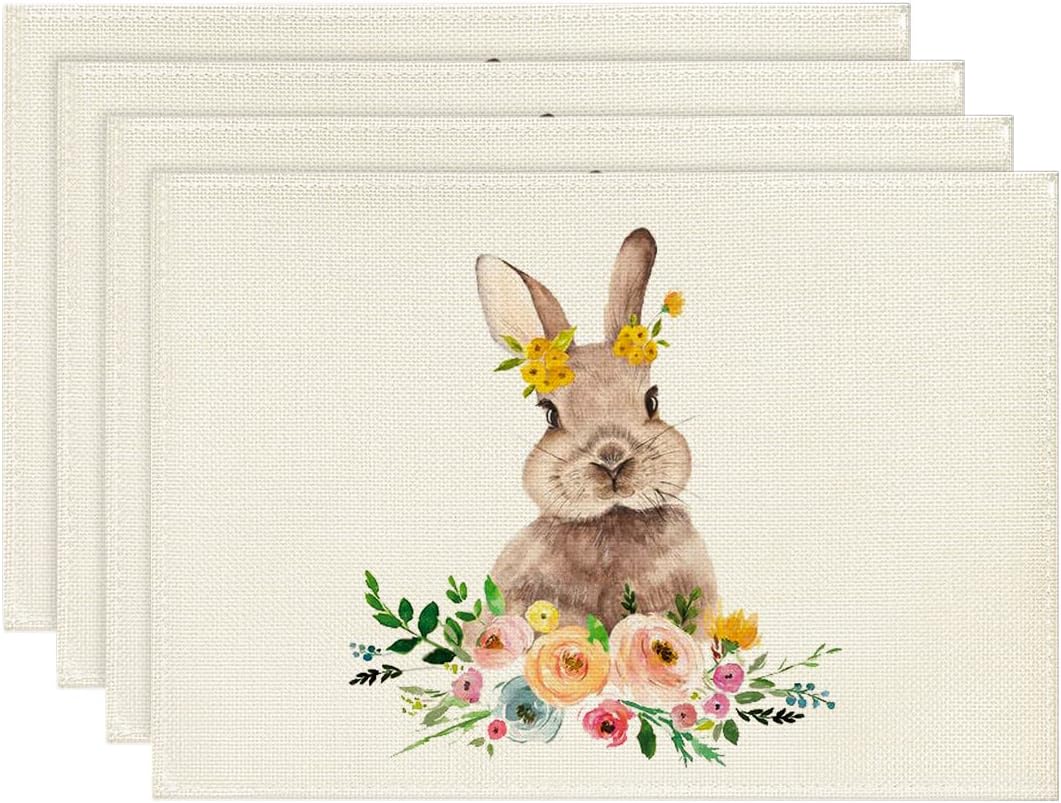 Artoid Mode Juego de 4 manteles individuales de Pascua con diseño de conejo y flores para mesa de comedor, 12 x 18 pulgadas, para primavera, verano,