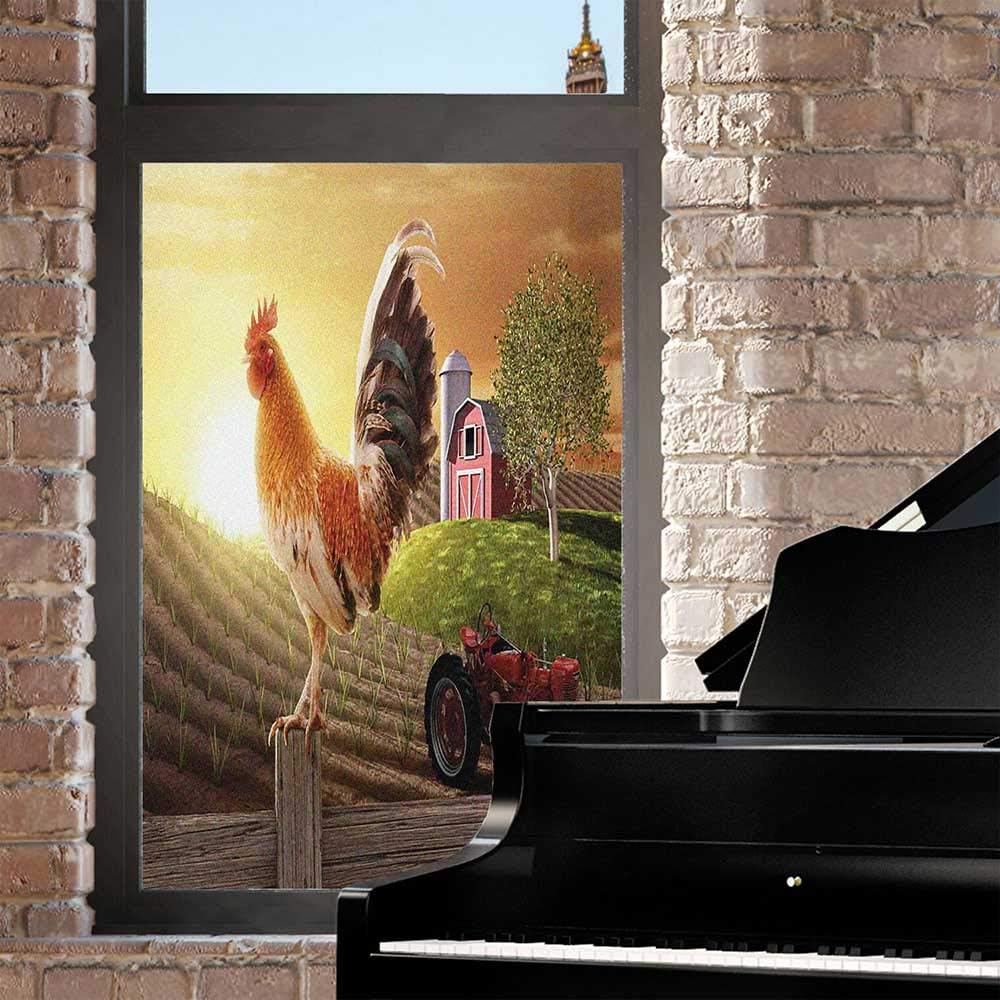 Adhesivos de película para ventana de campo, imagen de granja con gallo, animales de pájaro temprano, naturaleza y sol naciente, sin pegamento para