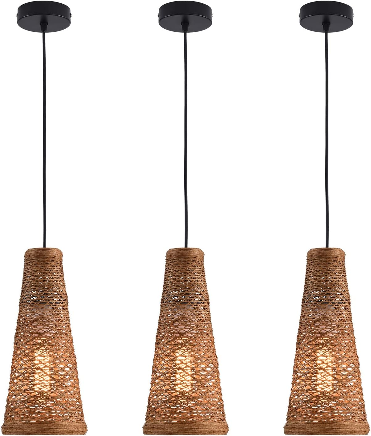 3 mini luces colgantes tejidas, moderna lámpara colgante costera bohemia con pantalla de ratán tejida a mano, accesorio de iluminación colgante para