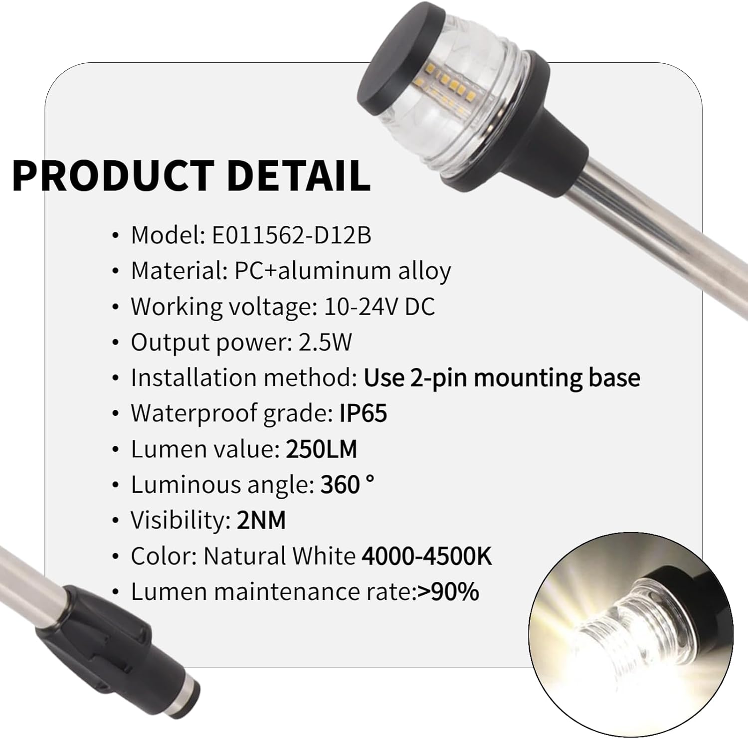 Yunseity Luz de popa para barco, luz LED de anclaje de 12 pulgadas, visibilidad de 2 NM, luces marinas todo redondo, IP65, impermeable, 360 grados,